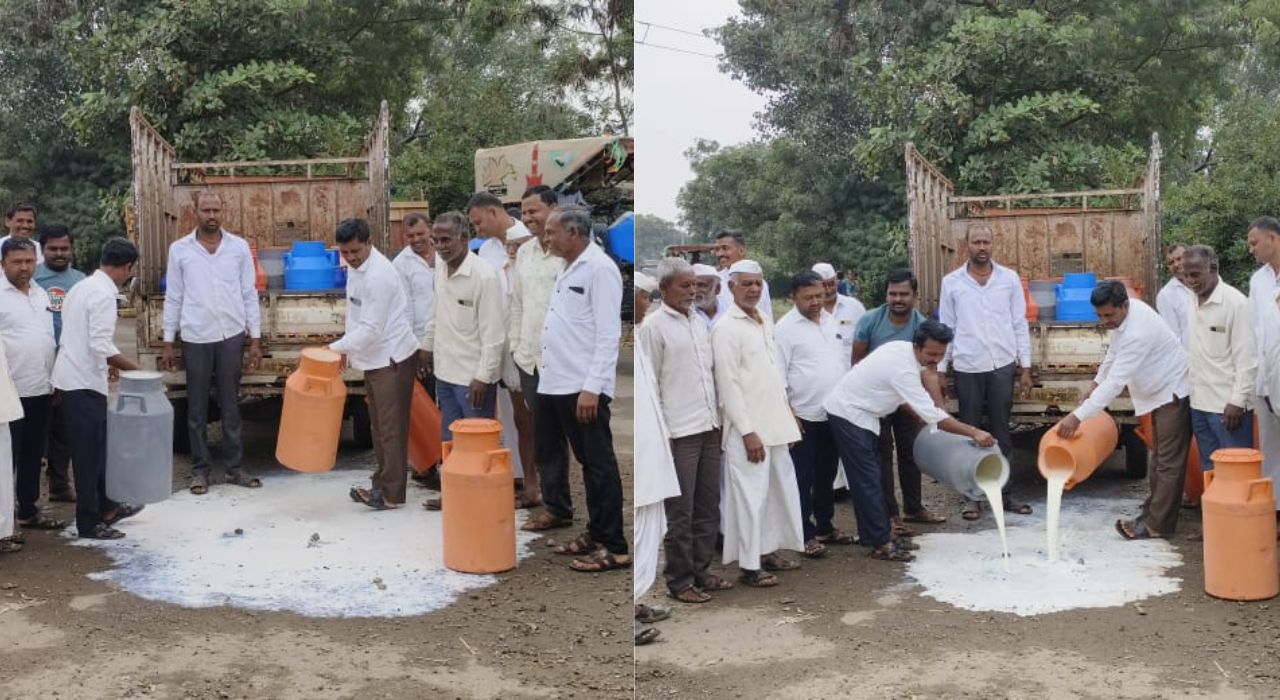 Ahmednagar News : नगरचे शेतकरी संतापले! रस्त्यावर दूध ओतून दर कपातीचा निषेध